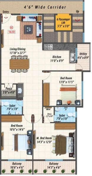 Floor plan of 3 BHK 1700 Sq. Ft. Apartment in Opera Anantadhama, Bangalore