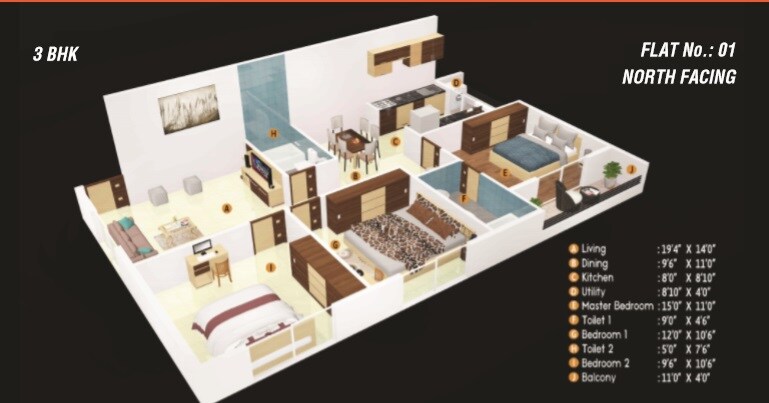 Floor plan of 3 BHK 1400 Sq. Ft. Apartment in Opera Autumn Gardens, Bangalore