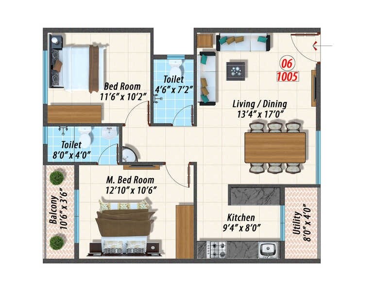 Floor plan of 2 BHK 1005 Sq. Ft. Apartment in Opera Canopus, Bangalore