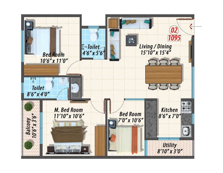Floor plan of 3 BHK 1095 Sq. Ft. Apartment in Opera Canopus, Bangalore