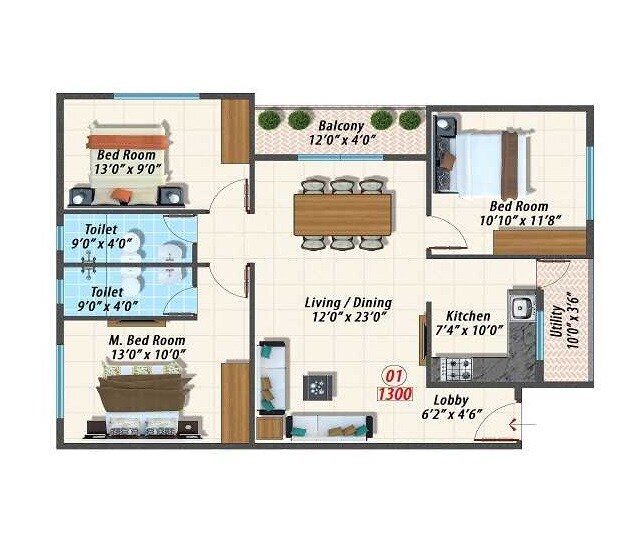 Floor plan of 3 BHK 1300 Sq. Ft. Apartment in Opera Canopus, Bangalore