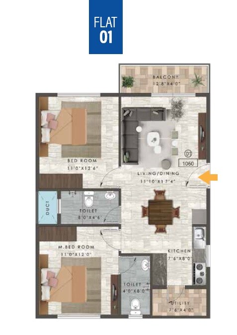 Floor plan of 2 BHK 1060 Sq. Ft. Apartment in Opera Primus, Bangalore