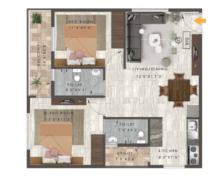 Floor plan of 2 BHK 970 Sq. Ft. Apartment in Opera Primus, Bangalore