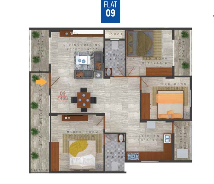 Floor plan of 3 BHK 1465 Sq. Ft. Apartment in Opera Primus, Bangalore