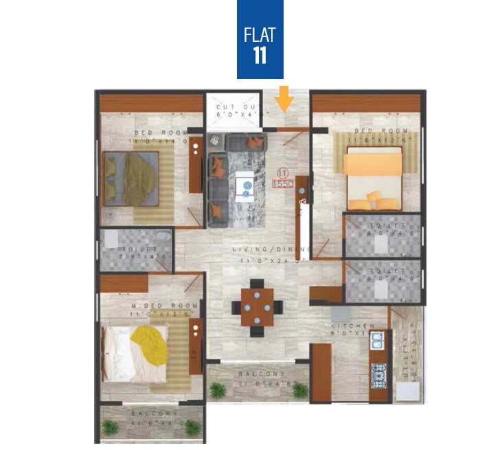 Floor plan of 3 BHK 1550 Sq. Ft. Apartment in Opera Primus, Bangalore