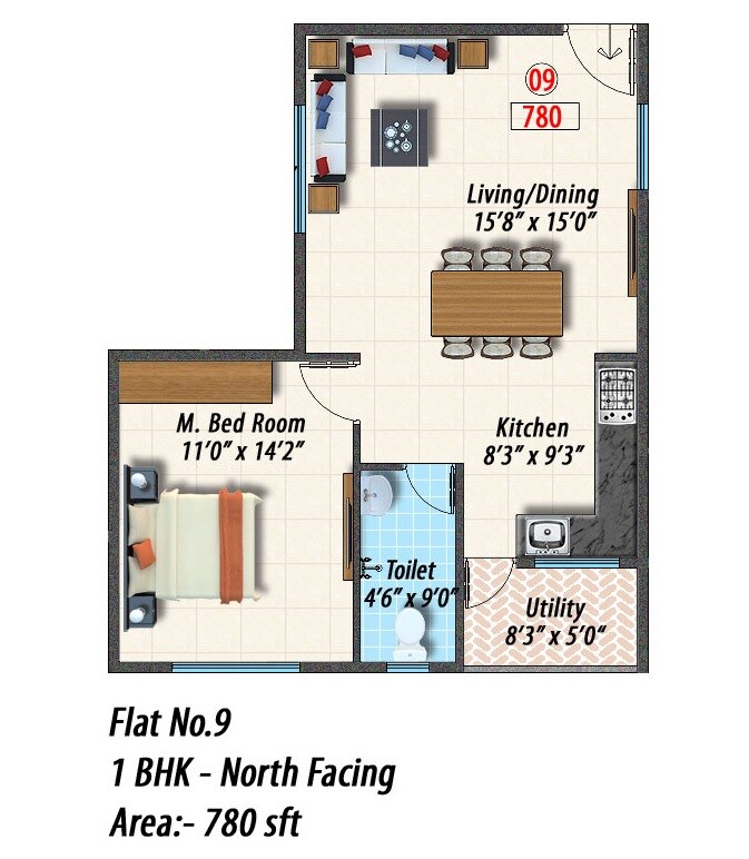 Floor plan of 1 BHK 780 Sq. Ft. Apartment in Opera Spring Leaf, Bangalore