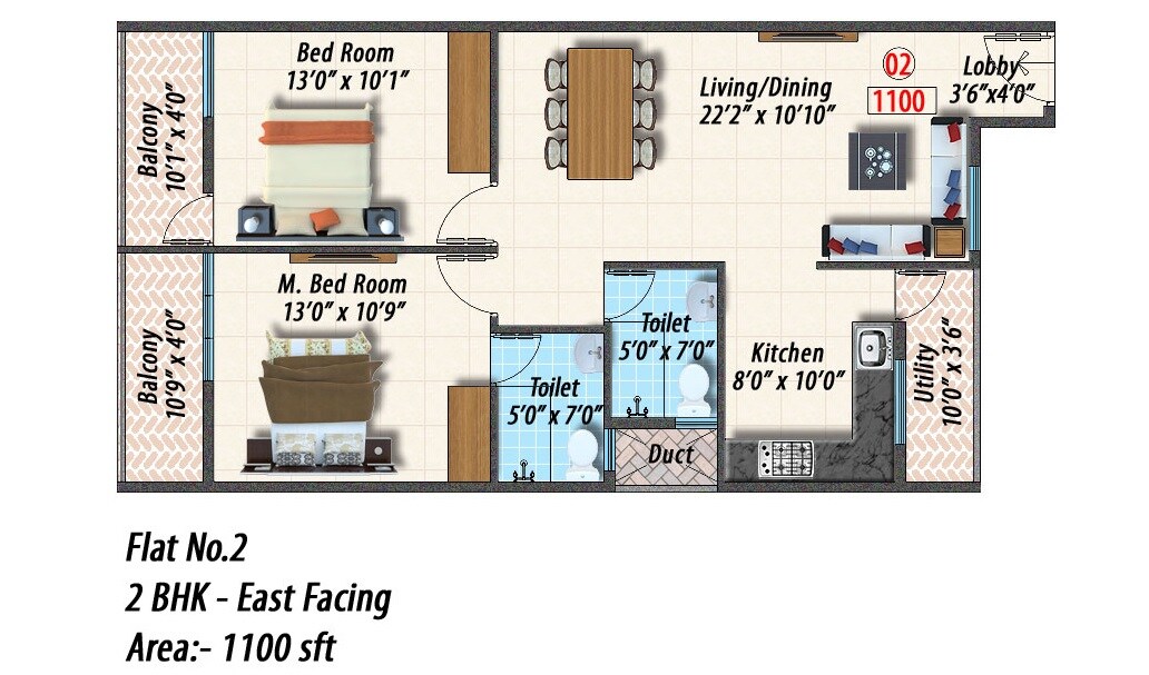 Floor plan of 2 BHK 1100 Sq. Ft. Apartment in Opera Spring Leaf, Bangalore