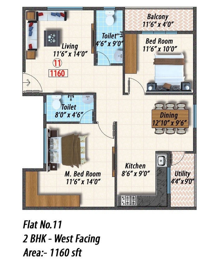 Floor plan of 2 BHK 1160 Sq. Ft. Apartment in Opera Spring Leaf, Bangalore