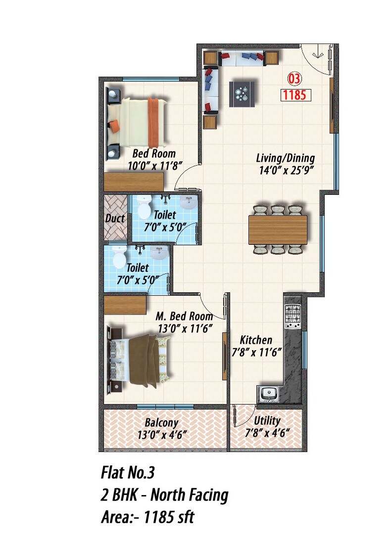 Floor plan of 2 BHK 1185 Sq. Ft. Apartment in Opera Spring Leaf, Bangalore