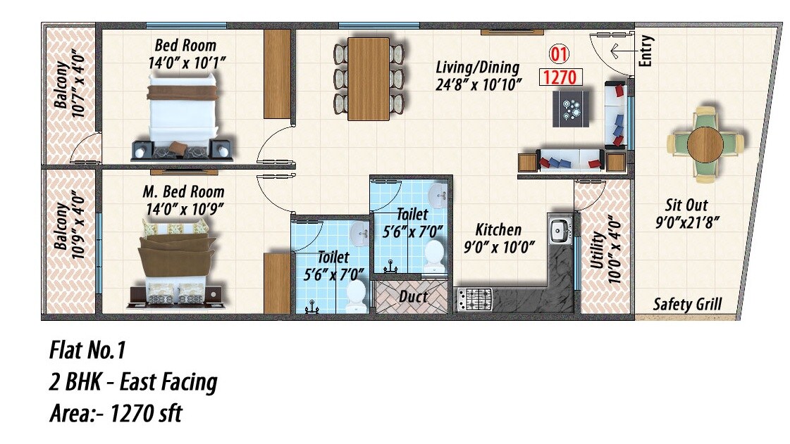 Floor plan of 2 BHK 1270 Sq. Ft. Apartment in Opera Spring Leaf, Bangalore