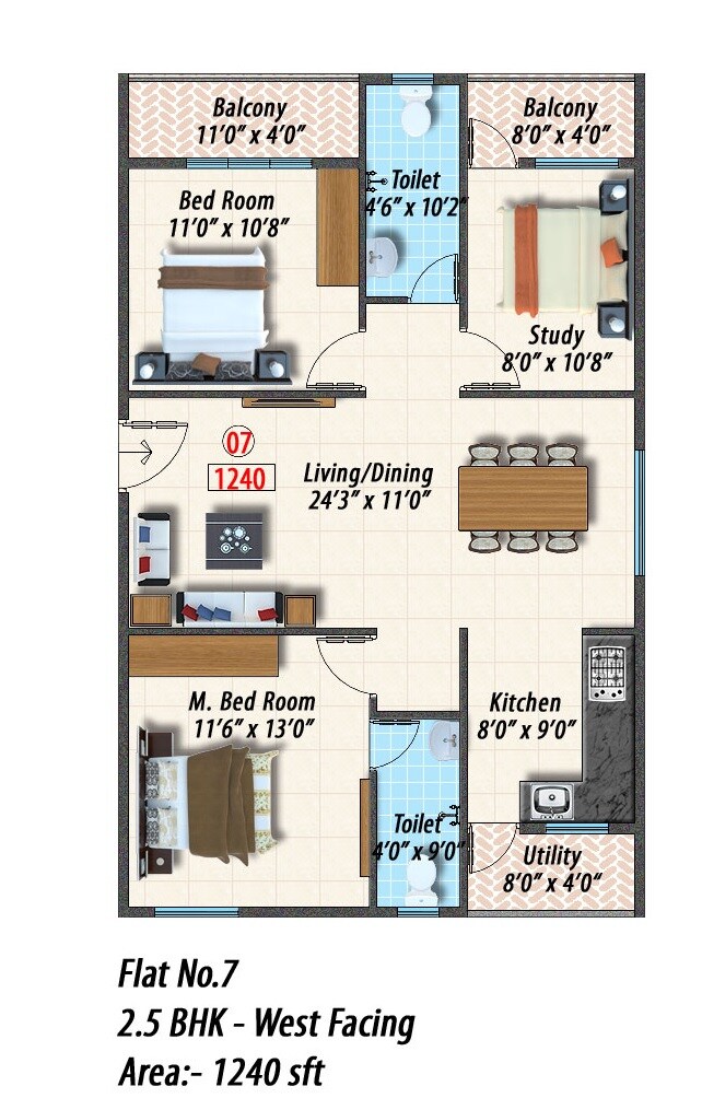Floor plan of 2 BHK 1240 Sq. Ft. Apartment in Opera Spring Leaf, Bangalore