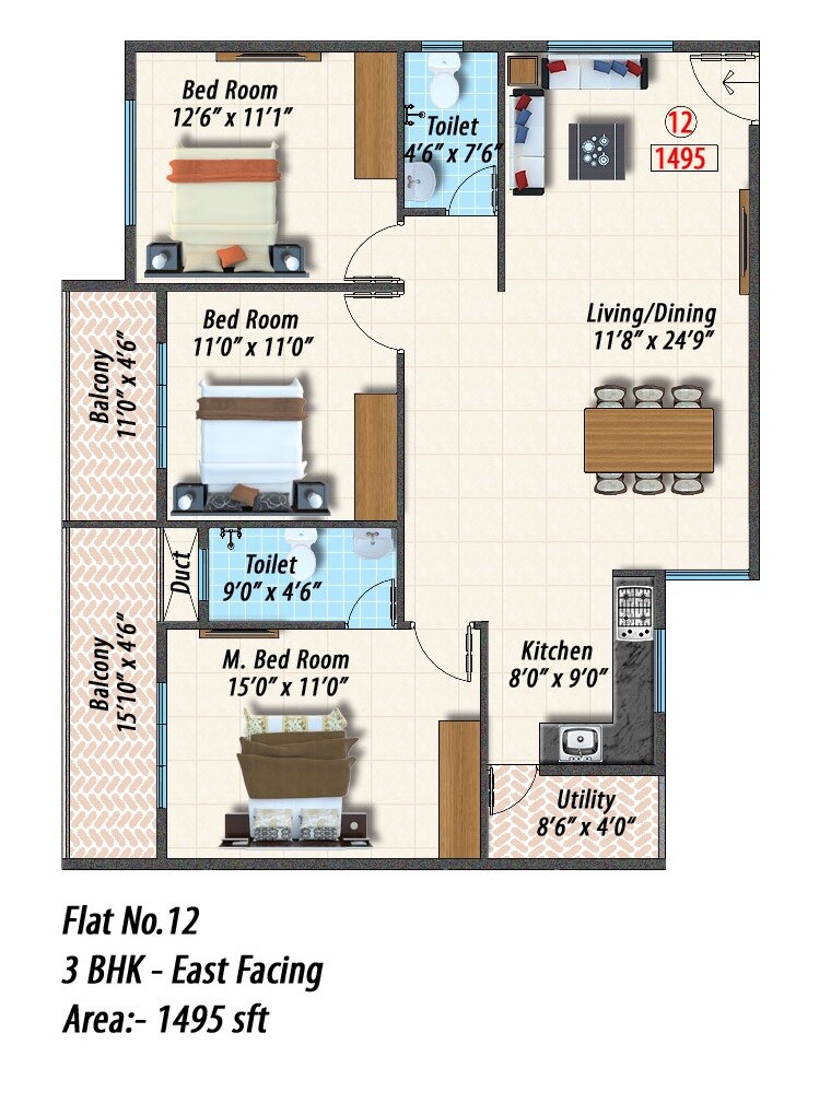 Floor plan of 3 BHK 1495 Sq. Ft. Apartment in Opera Spring Leaf, Bangalore
