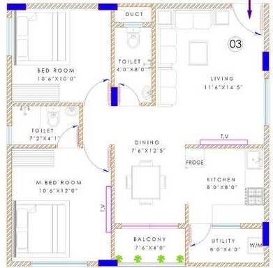 Floor plan of 2 BHK 1045 Sq. Ft. Apartment in Opera Tranquil Earth, Bangalore