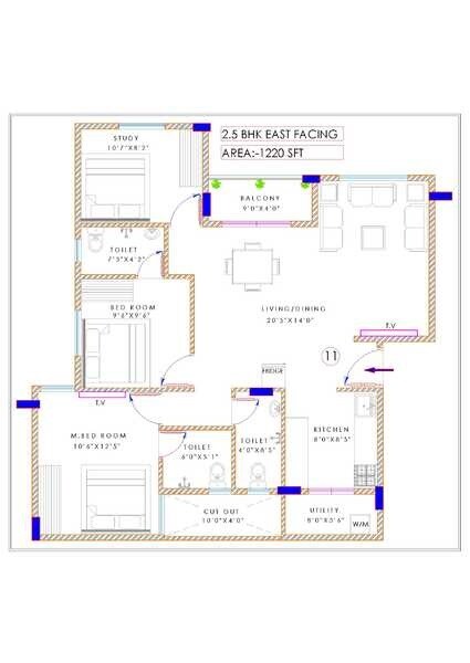 Floor plan of 2 BHK 1220 Sq. Ft. Apartment in Opera Tranquil Earth, Bangalore