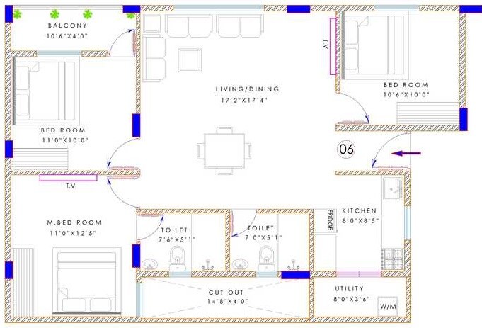 Floor plan of 3 BHK 1270 Sq. Ft. Apartment in Opera Tranquil Earth, Bangalore