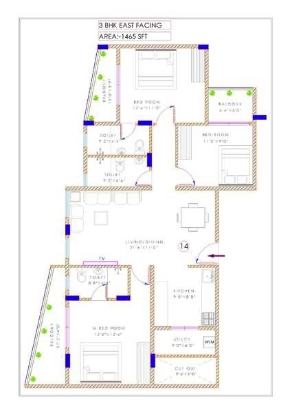 Floor plan of 3 BHK 1465 Sq. Ft. Apartment in Opera Tranquil Earth, Bangalore