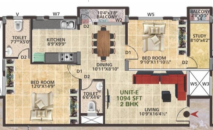 Floor plan of 2 BHK 1094 Sq. Ft. Apartment in Opera White house, Bangalore