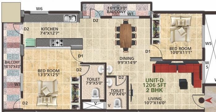 Floor plan of 2 BHK 1206 Sq. Ft. Apartment in Opera White house, Bangalore