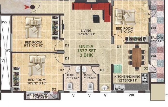 Floor plan of 3 BHK 1337 Sq. Ft. Apartment in Opera White house, Bangalore