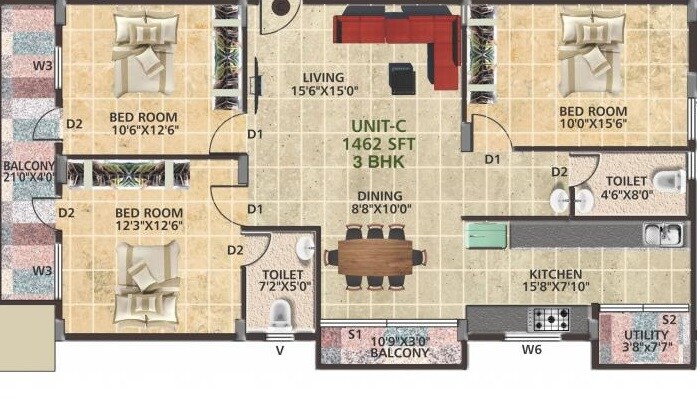 Floor plan of 3 BHK 1462 Sq. Ft. Apartment in Opera White house, Bangalore