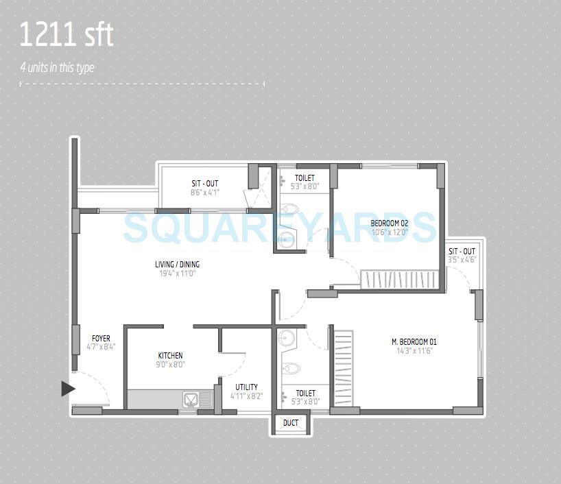 Floor plan of 2 BHK 1211 Sq. Ft. Apartment in Orchid Lakeview, Bangalore