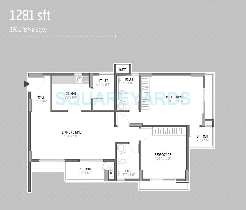 Floor plan of 2 BHK 1281 Sq. Ft. Apartment in Orchid Lakeview, Bangalore