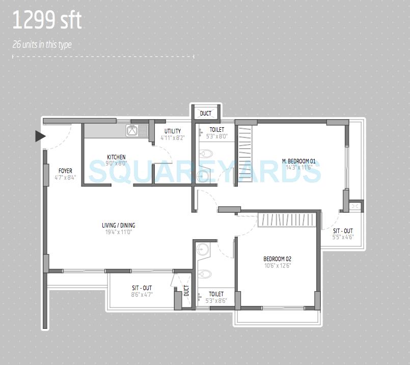 Floor plan of 2 BHK 1299 Sq. Ft. Apartment in Orchid Lakeview, Bangalore