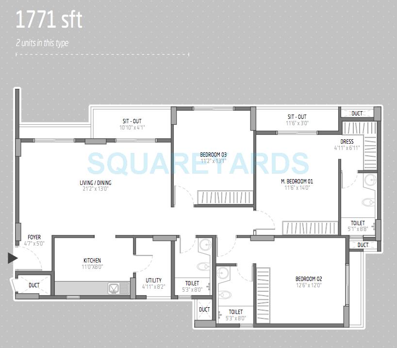 Floor plan of 3 BHK 1771 Sq. Ft. Apartment in Orchid Lakeview, Bangalore