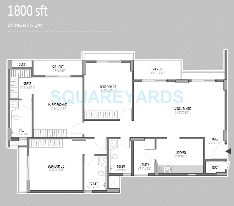 Floor plan of 3 BHK 1800 Sq. Ft. Apartment in Orchid Lakeview, Bangalore