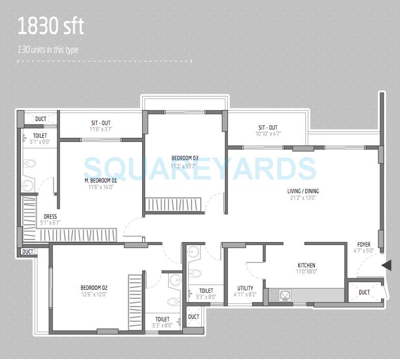 Floor plan of 3 BHK 1830 Sq. Ft. Apartment in Orchid Lakeview, Bangalore