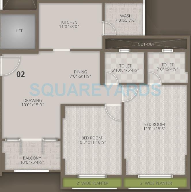 Floor plan of 2 BHK 1151 Sq. Ft. Apartment in Orchid Woods, Bangalore