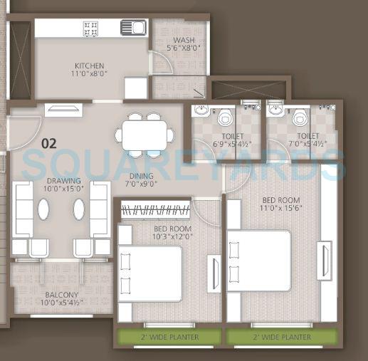 Floor plan of 2 BHK 1159 Sq. Ft. Apartment in Orchid Woods, Bangalore
