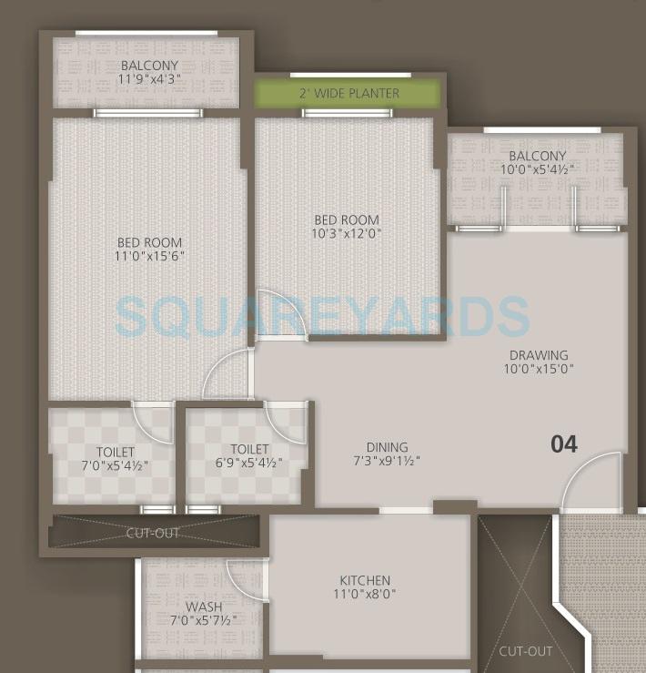 Floor plan of 2 BHK 1182 Sq. Ft. Apartment in Orchid Woods, Bangalore