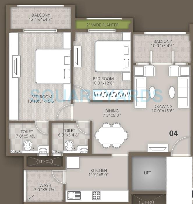 Floor plan of 2 BHK 1193 Sq. Ft. Apartment in Orchid Woods, Bangalore
