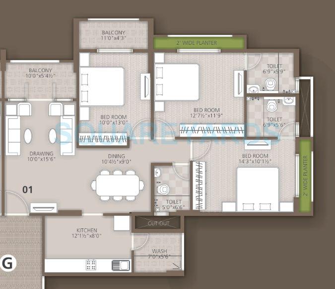 Floor plan of 3 BHK 1297 Sq. Ft. Apartment in Orchid Woods, Bangalore