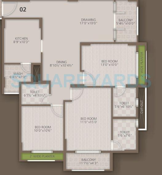 Floor plan of 3 BHK 1418 Sq. Ft. Apartment in Orchid Woods, Bangalore