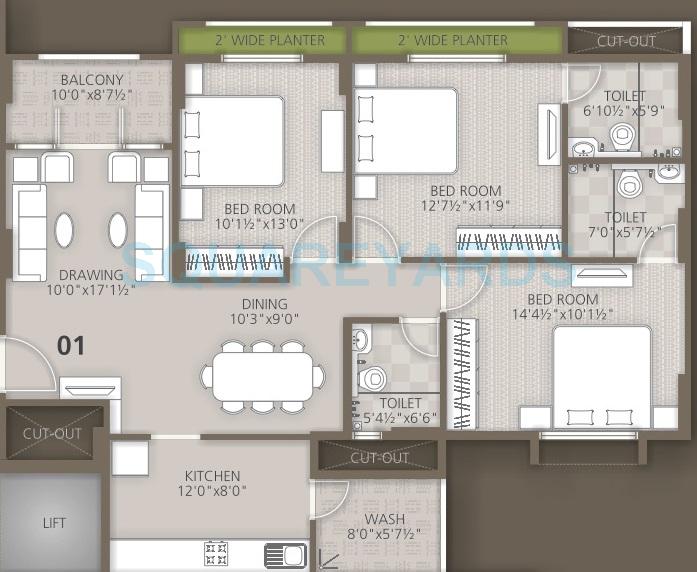Floor plan of 3 BHK 1488 Sq. Ft. Apartment in Orchid Woods, Bangalore