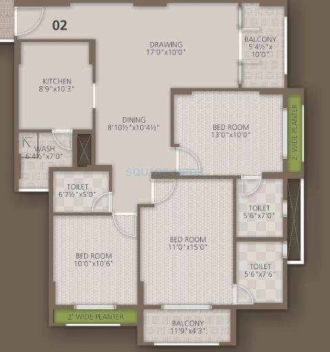Floor plan of 3 BHK 1505 Sq. Ft. Apartment in Orchid Woods, Bangalore