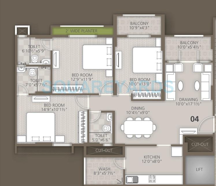 Floor plan of 3 BHK 1518 Sq. Ft. Apartment in Orchid Woods, Bangalore