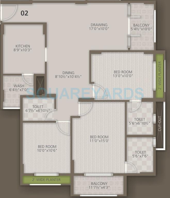 Floor plan of 3 BHK 1534 Sq. Ft. Apartment in Orchid Woods, Bangalore