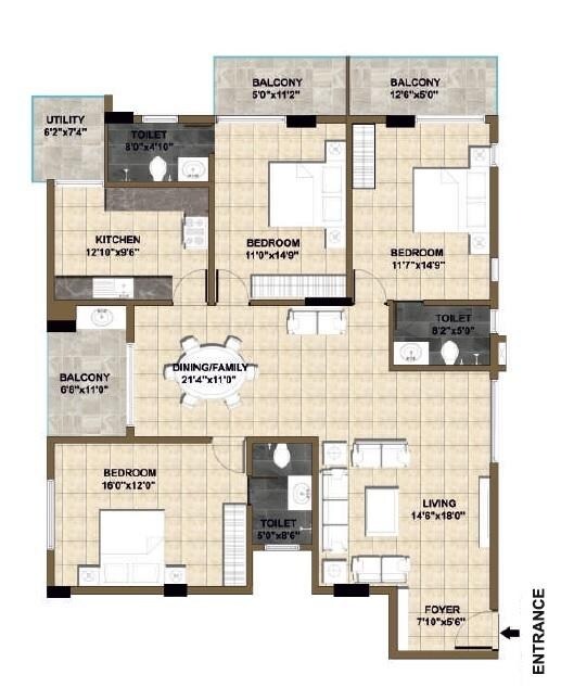 Floor plan of 3 BHK 1890 Sq. Ft. Apartment in Orion Palm Dew, Bangalore