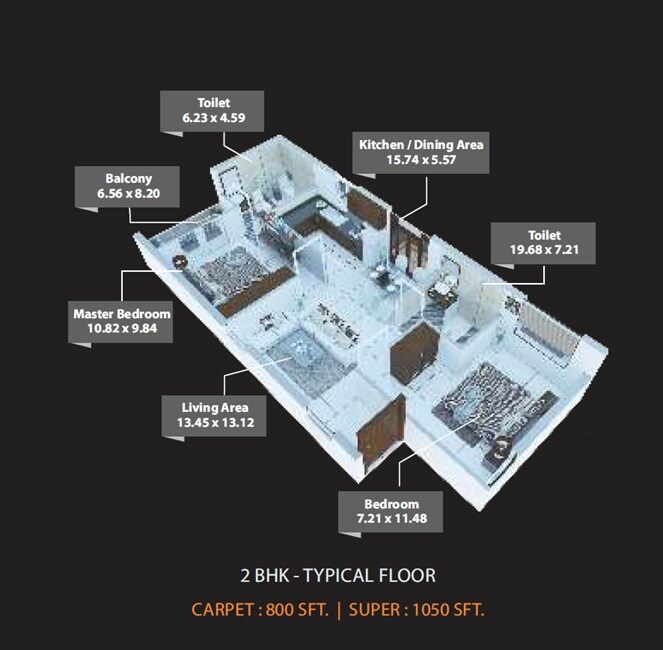 Floor plan of 2 BHK 1050 Sq. Ft. Apartment in Osadia Garden City, Bangalore