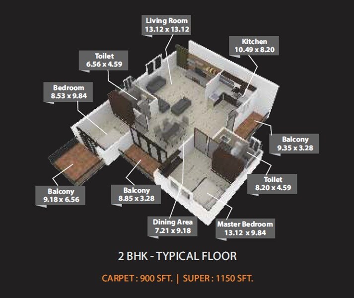 Floor plan of 2 BHK 1150 Sq. Ft. Apartment in Osadia Garden City, Bangalore