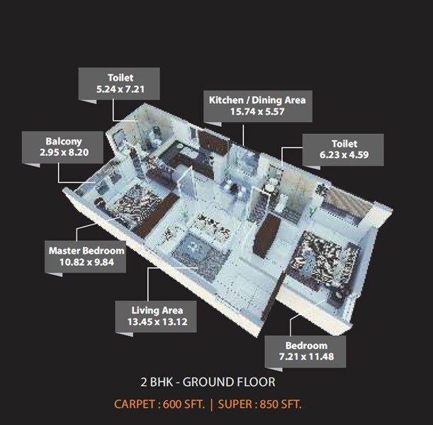 Floor plan of 2 BHK 850 Sq. Ft. Apartment in Osadia Garden City, Bangalore