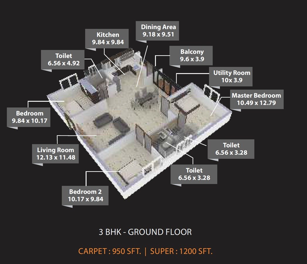 Floor plan of 3 BHK 1200 Sq. Ft. Apartment in Osadia Garden City, Bangalore