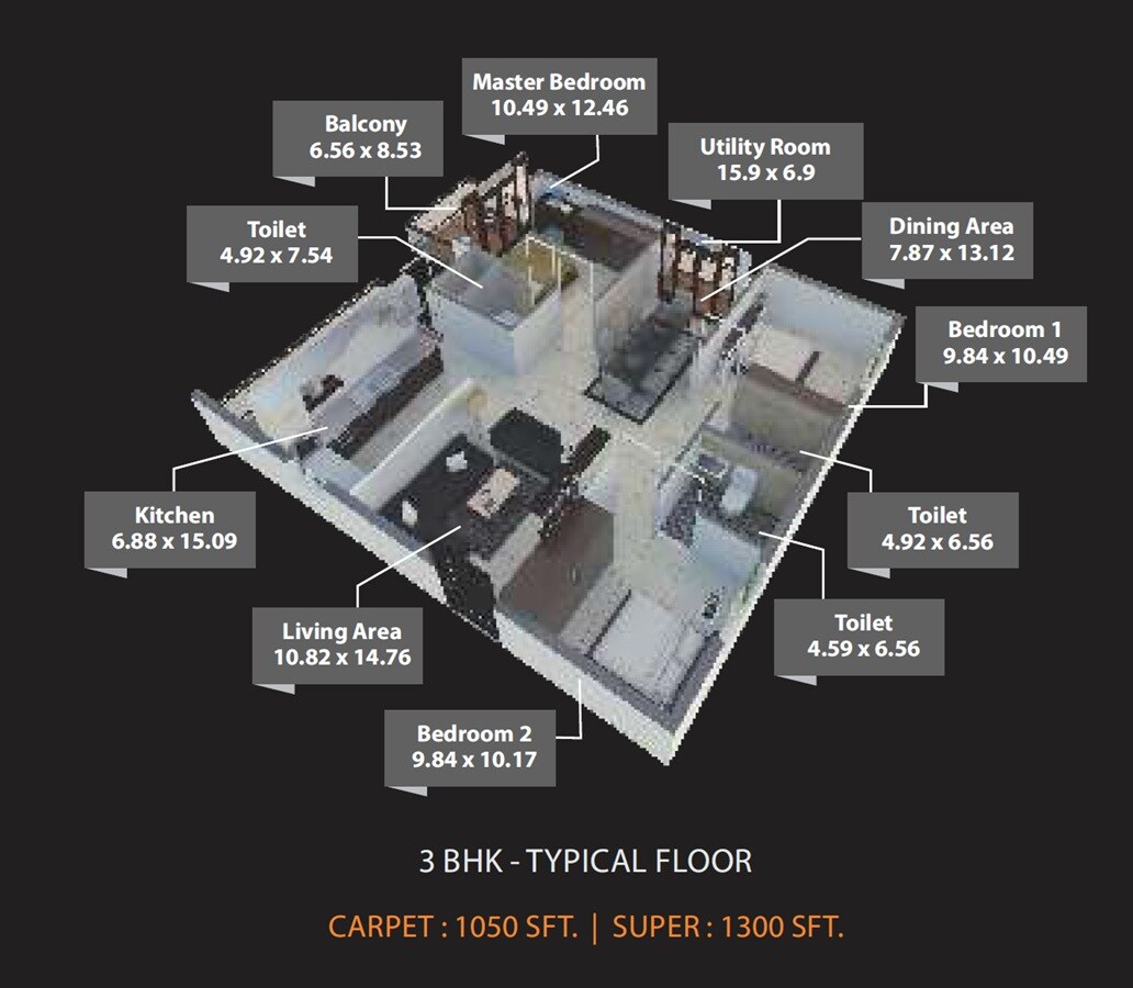 Floor plan of 3 BHK 1300 Sq. Ft. Apartment in Osadia Garden City, Bangalore