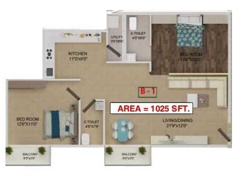 Floor plan of 2 BHK 1025 Sq. Ft. Apartment in OSNC Nandini Green Field, Bangalore