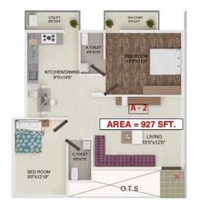 Floor plan of 2 BHK 927 Sq. Ft. Apartment in OSNC Nandini Green Field, Bangalore