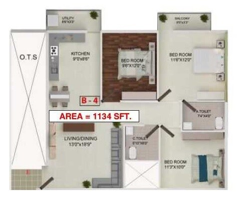 Floor plan of 3 BHK 1134 Sq. Ft. Apartment in OSNC Nandini Green Field, Bangalore