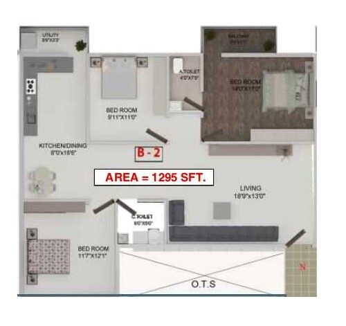 Floor plan of 3 BHK 1295 Sq. Ft. Apartment in OSNC Nandini Green Field, Bangalore